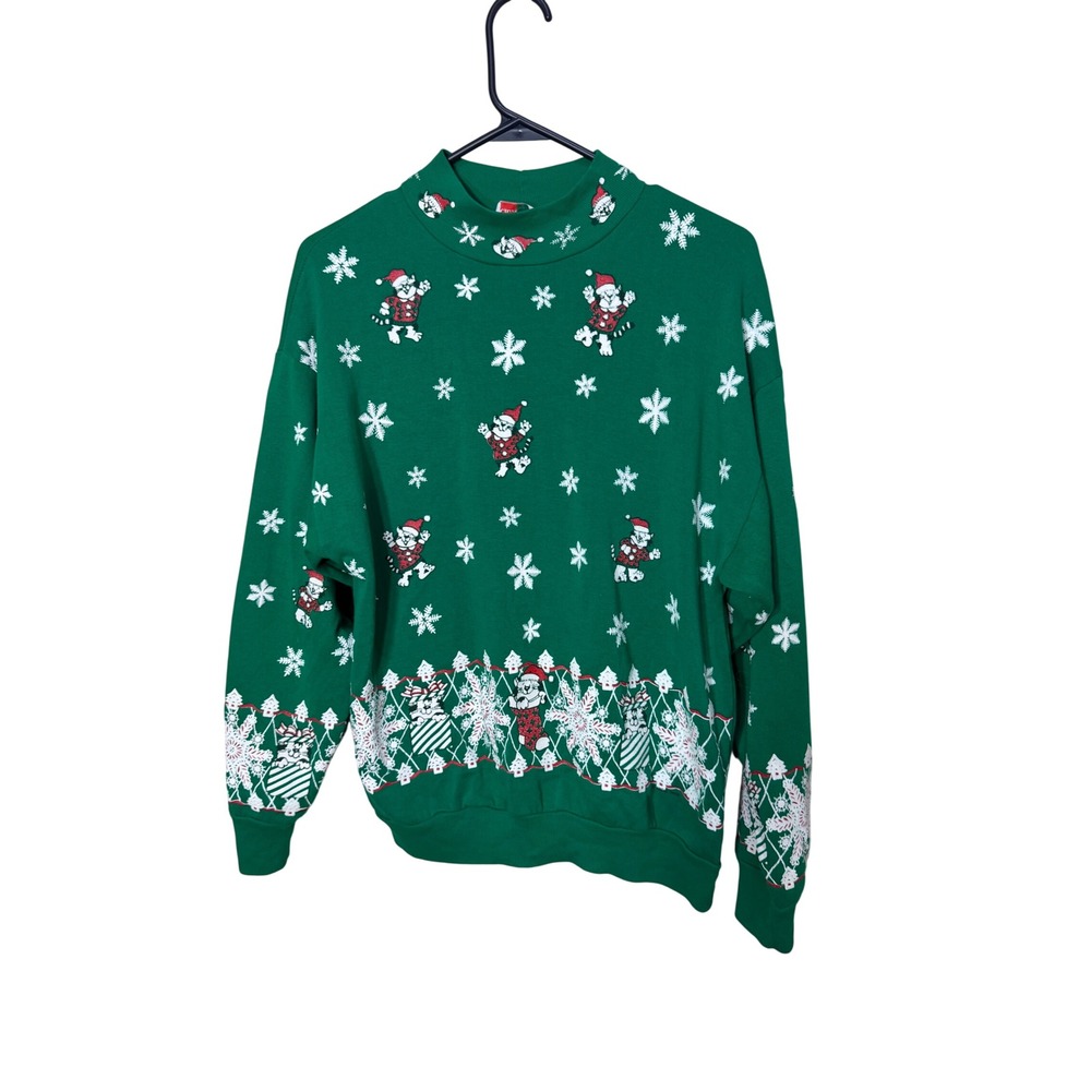 Vintage Nutcracker Green Christmas Cat Snowflake‎ Mock Neck Sweatshirt Womens L